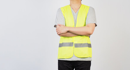 Man wear Safety Vest on white background.