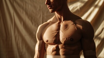 Man with Physio Tape on Belly - Beige Background