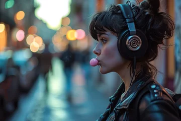Foto op Canvas Stylish Milanese woman with headphones blowing gum © Custom Media