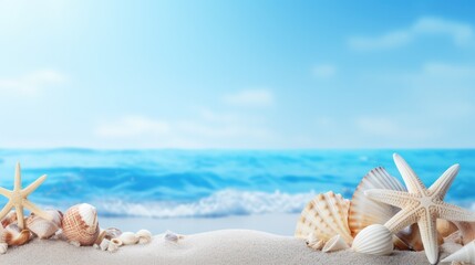 Obraz na płótnie Canvas Beach scene concept with sea shells and starfish on a blue background.