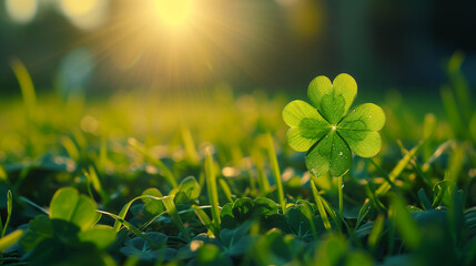 Green grass and sun, Irish Four Leaf Clover in the Field for St. Patricks Day, Ai generated image