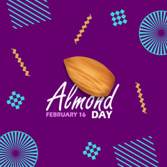 National Almond Day event banner. An almond with calligraphic text and elements on dark purple background to celebrate on February 16