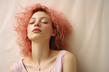 Beautiful young woman with long red hair eyes closed