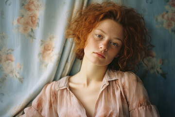 Beautiful red-haired girl with freckles in a pink shirt is sitting