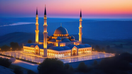 Fototapeta premium Mosque with reflection in the pool at sunset, 3d render. Mosque in the evening, Eid al-Adha. Ramadan Kareem concept. Generative AI