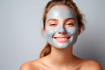 Smiling girl close-up with a cosmetic mask on her face on a gray background, portrait, copy space