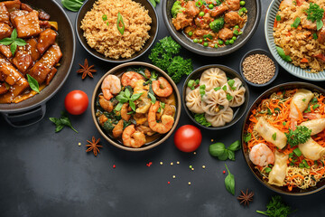 Assorted Chinese dishes. Chinese noodles, fried rice, kimchi, dumplings, Peking duck, dim sum, spring rolls. Chinese restaurant concept. Place for text