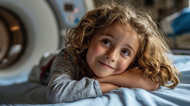 Happy Child with MRI Machine in Hospital