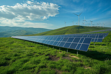 Wind and solar energy.Environmentally friendly installation of a power plant and wind turbine farm.Solar battery farm against the backdrop of forest and mountains.Concept of ecology and development.