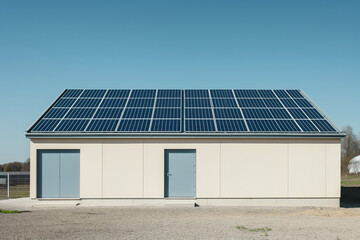 Fototapeta premium Solar panels on the house. Modern house with solar panels.Solar panels on the roof.Beautiful, large modern house and solar energy.Green energy concept.Place for text.Copy space.