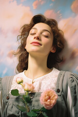 Naklejka premium Portrait of a beautiful young woman with closed eyes and pink roses