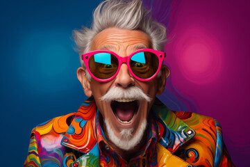 Portrait of cheerful elderly gray-haired bearded grandfather in funny sunglasses and bright extravagant clothes on plain black background. Retired hipster, seniors party, carnival. Cool senior man  - obrazy, fototapety, plakaty
