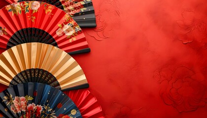 Traditional Chinese Hand Fans on Red Festive Background