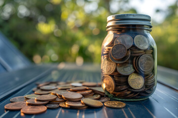 Bank of coins on solar panels against a forest background.Economic benefits of renewable energy.Alternative energy ecological concept. Green energy concept.Money saved by using energy with solar panel