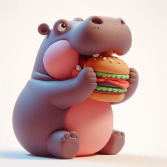 Burger Buddy Hippo: 3D Illustration of a Cute Chunky Hippopotamus with a Burger.