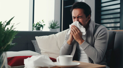 Colds, seasonal flu. An Asian guy with a runny nose sits on the couch at home. Guy sneezes, illness, respiratory disease. Bad feeling - obrazy, fototapety, plakaty