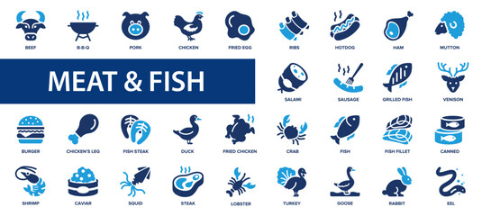 Meat, poultry, fish flat icons set. Chiken, steak, hotdog, eggs, BBQ icons and more signs. Flat icon collection. - obrazy, fototapety, plakaty