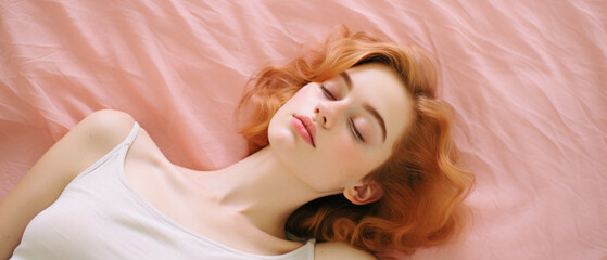 Naklejka premium Portrait of a beautiful red-haired woman lying in soft pink silk .