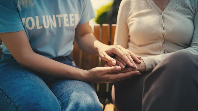 Female volunteer holding hand of lonely senior woman, supporting those in need