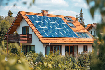 Fototapeta na wymiar Solar panels on the house. Modern house with solar panels.Solar panels on the roof.Beautiful, large modern house and solar energy.Green energy concept.Place for text.Copy space.