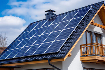 Fototapeta premium Solar panels on the house. Modern house with solar panels.Solar panels on the roof.Beautiful, large modern house and solar energy.Green energy concept.Place for text.Copy space.