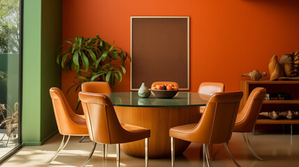 dining room with table, Orange leather chairs at round dining table against green wall. Scandinavian, mid-century home interior design of modern living room, green wall, Ai generated image