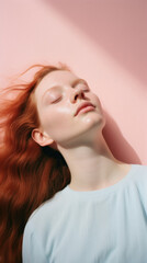 Portrait of a beautiful girl with red hair on a pink background