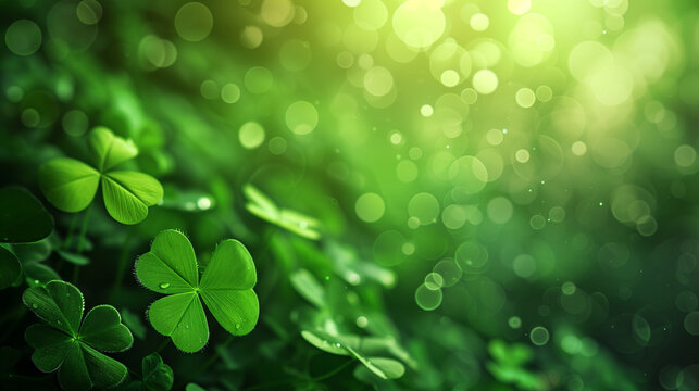 Water drops on green leaves, Saint Patrick day abstract background. Green clover leaves on beautiful bokeh background , Ai generated image
