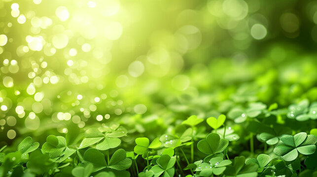 Green leaves background, Saint Patrick day abstract background. Green clover leaves on beautiful bokeh background , Ai generated image