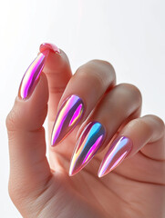 Elegant hand showcasing iridescent nail art, set against a pristine white background, highlighting the beauty and sophistication of modern manicure trends