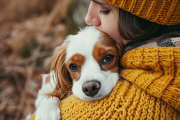 Heartwarming image of gentle companionship, showcasing a person with their joyful dog in a comfortable home setting, ideal for lifestyle magazines