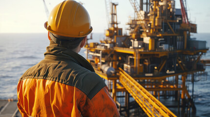male worker against the backdrop of an oil production offshore platform, view from the back
