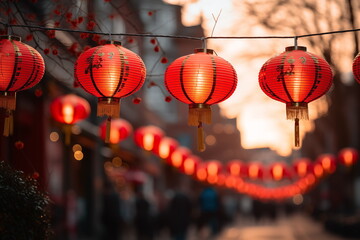 chinese new year in china town.  red lanterns. red lanterns in china town. Generated AI