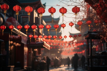 chinese new year in china town.  red lanterns. red lanterns in china town. Generated AI - obrazy, fototapety, plakaty
