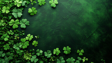 Top view photo of st patrick's day decorations green shamrocks trefoil shaped confetti and a lot of gold coins on isolated green wooden table, St patrick day background. Copy space top view , Ai 