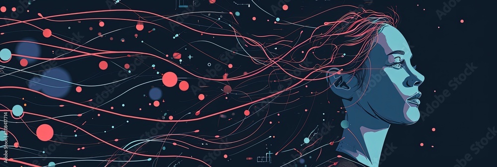 Poster woman profile with abstract data streams, intersection of human cognition and data science