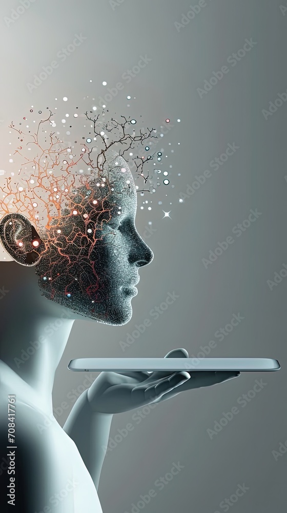 Aufkleber digital human, neural network concept emanating from tablet, illustrating ai and machine learning