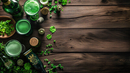 still life with a glass of wine, St. Patrick party invitation decorated background. Bar wooden...