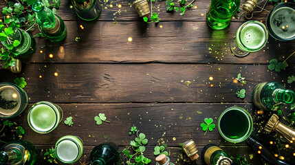 Glass with cold fresh beer on wooden table on blurred green background with golden lights....