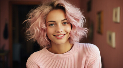 Fototapeta premium Portrait of a smiling young woman with pink hair in the room
