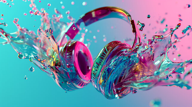 Stylish glossy headphones in liquid splashes flying on neon blue pink background. Seapunk vaporwave style. Music creativity entertainment concept