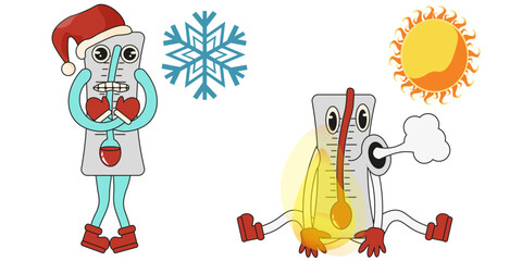 Set trippy Thermometer in trendy Rubber Hose retro style. Funky cartoon Thermometer isolated white background. Vector illustration can used forecast symbol, web site element and t-shirt print. EPS 10