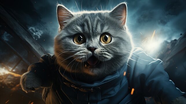 A grey cat wearing a blue spacesuit is running in a post-apocalyptic world