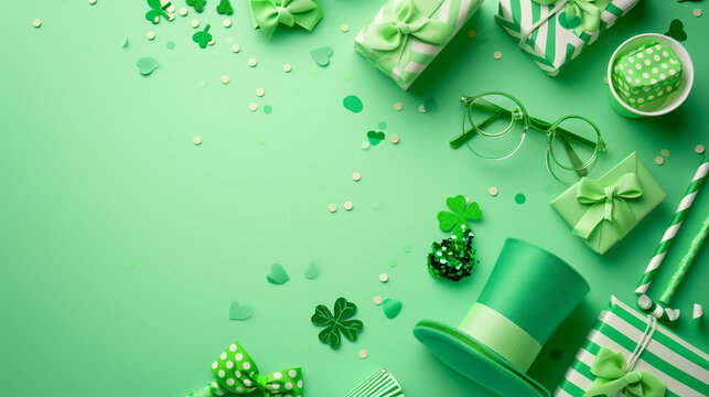 Top view photo of st patricks day decorations hat shaped party glasses, Top view photo of st patricks day decorations hat shaped party glasses green bow-tie shamrocks confetti straws and giftbox, Ai