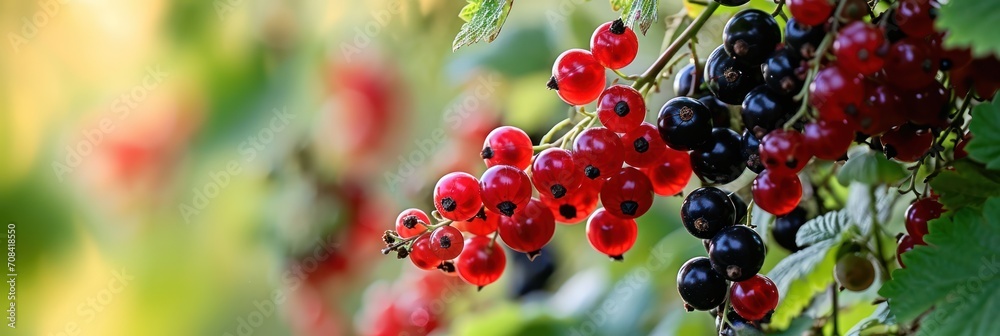 Poster cluster of red and black currants ripe for picking on a bright summer day