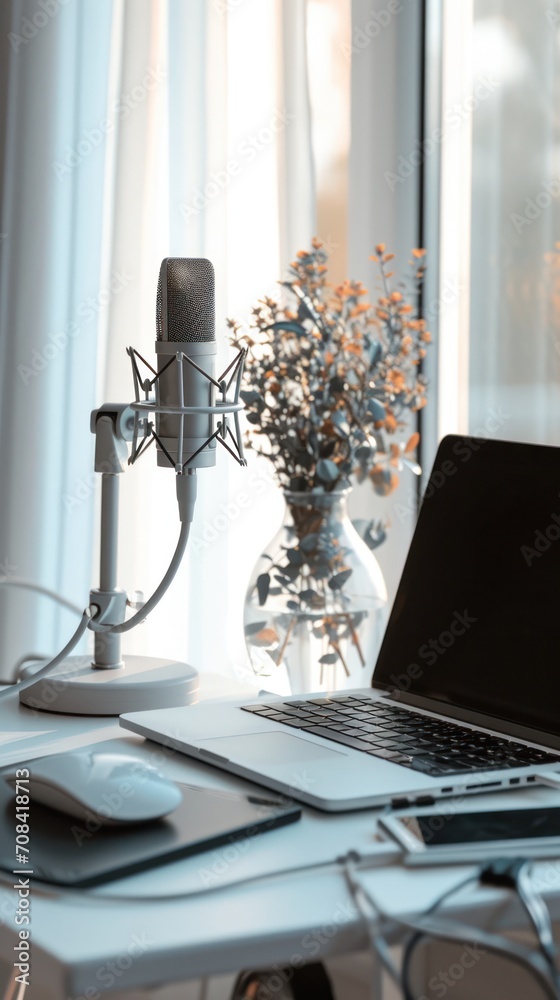 Poster professional podcast studio setup with a microphone and laptop on a clean white desk