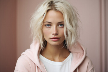 Portrait of a beautiful blonde girl in a pink hoodie .