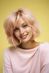 Portrait of a beautiful young woman with pink hair on a yellow background