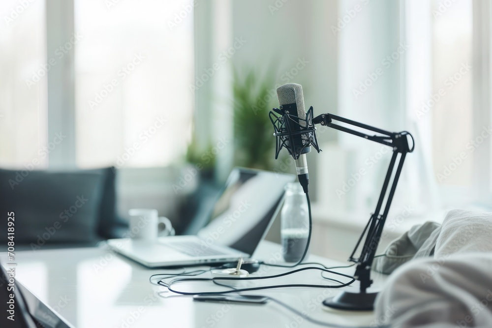 Poster sleek podcast setup with microphone and laptop in modern office space with soft natural light