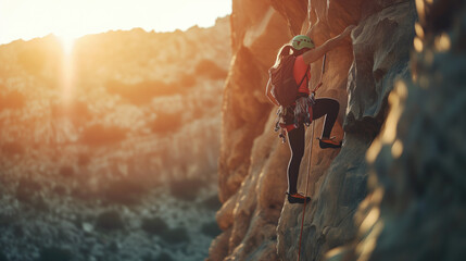 The rock climber girl conquers the mountain using mountaineering gear. - Powered by Adobe